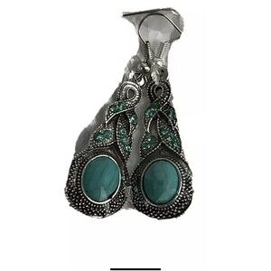 Boho Vintage Style Turquoise Dangle Rhinestones Earrings Silver Tone Crystal Acc